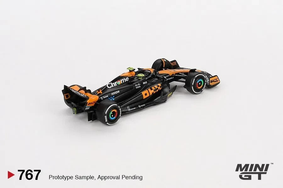 DiecastYard Mini GT McLaren MCL60 Lando Norris #4 F1 diecast model car in black and papaya orange livery