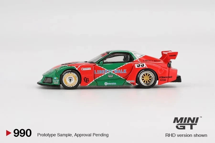 DiecastYard Mini GT Mazda RX-7 LB Super Silhouette 787B diecast model car in red and green racing livery