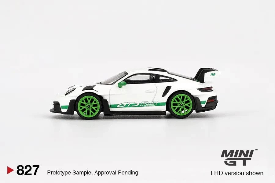 DiecastYard Mini GT Porsche 911 GT3 RS diecast car in white with green accents and Tribute to Carrera RS livery