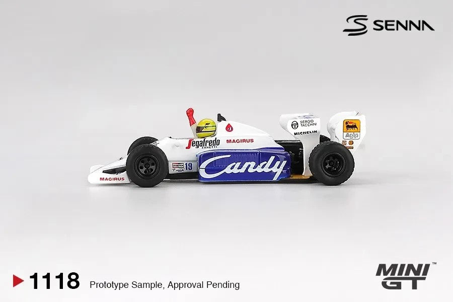 DiecastYard Mini GT TG184 #19 Ayrton Senna 1964 Monaco Grand Prix diecast race car model in white and blue