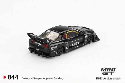 DiecastYard Mini GT Nissan LB-ER34 Super Silhouette Skyline in black with racing decals and rear wing