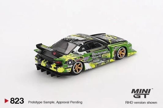DiecastYard Mini GT Nissan S15 Silvia LB-Super Silhouette drift car in green and black with gold wheels