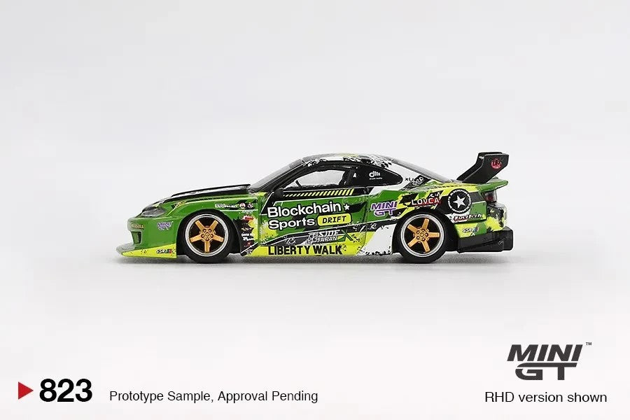 DiecastYard Mini GT Nissan S15 Silvia LB-Super Silhouette drift car in green and black with gold wheels