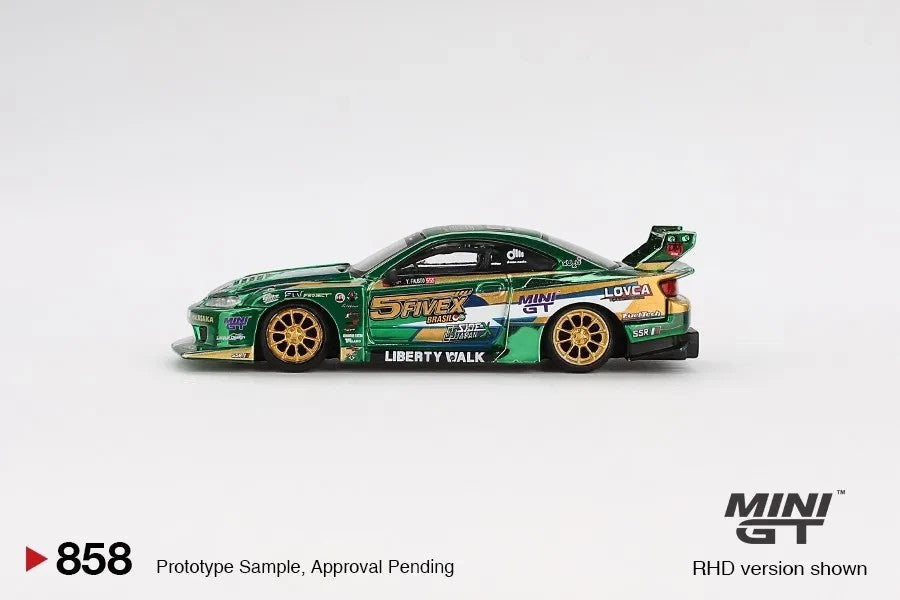DiecastYard Mini GT Nissan Silvia S15 LB Super Silhouette diecast car in metallic green with gold racing wheels