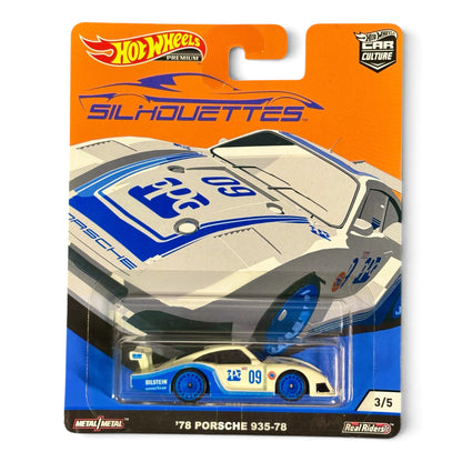 Hot Wheels Metal Metal '78 Porsche 935-78 die-cast toy car in its original blister card packaging, featuring a white and blue race car design with orange and blue backing card.