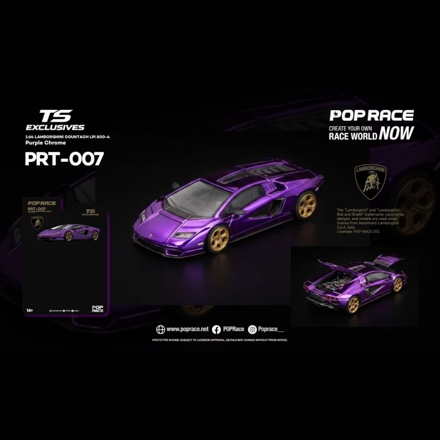 [Pre-Order]: POPRACE x TOKYO STATION (TS) PRT007 – 1/64 LAMBORGHINI COUNTACH LPI 800-4 Purple Chrome