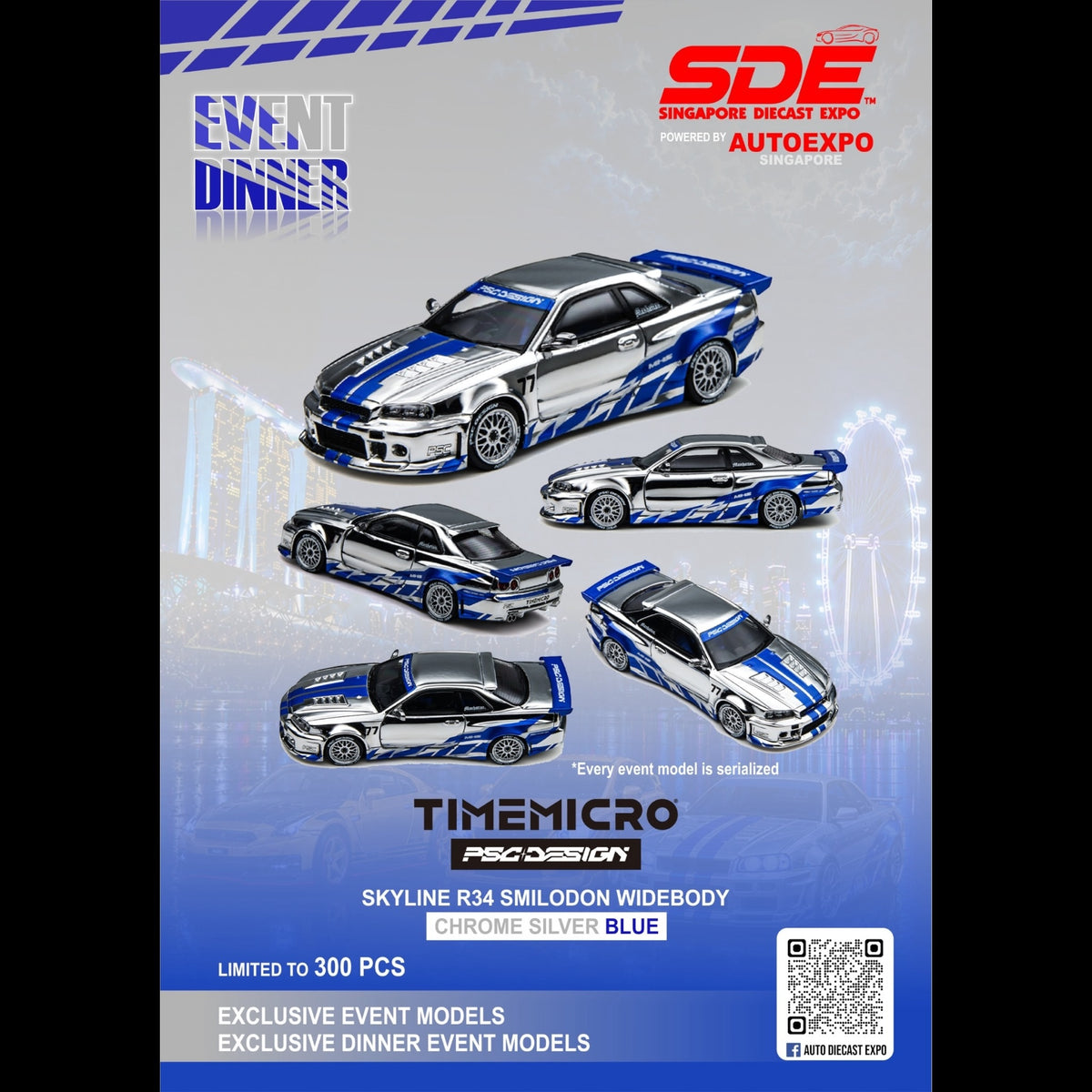 [Pre-Order]: Singapore Diecast Expo | TimeMicro PSC Design Skyline R34 Smilodon Widebody | Chrome Silver blue | Dinner car