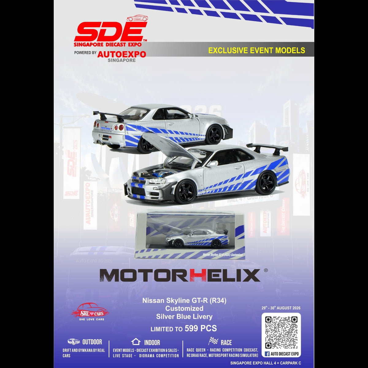 [Pre-Order]: Singapore Diecast Expo | Motorhelix Nissan Skyline GT-R(R34) Customized Silver Blue Livery