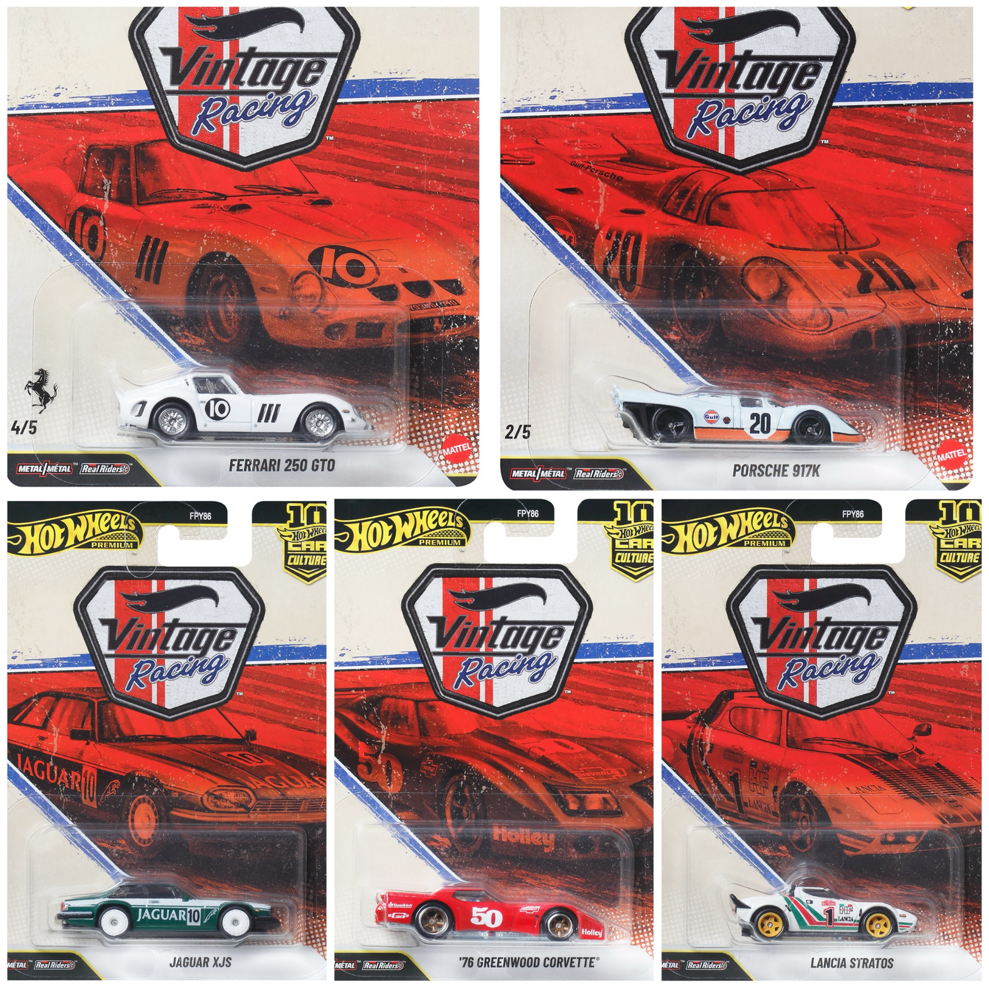 Collection of Hot Wheels Vintage Racing toy car packages with different models.