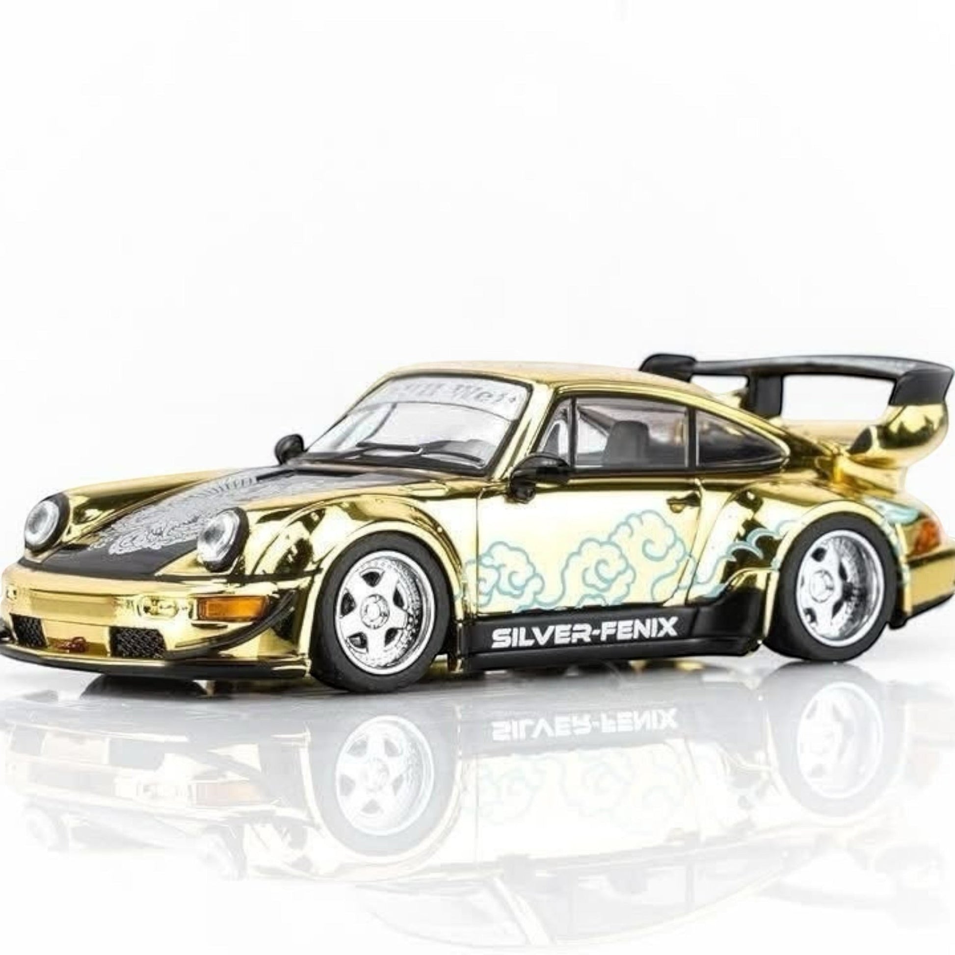 DiecastYard Motorhelix Porsche RWB 964 model car in gold chrome finish with custom graphics from TMCS Malaysia 2026