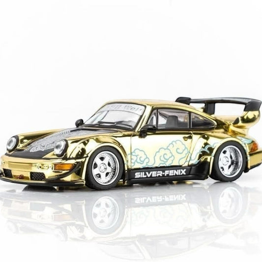 DiecastYard Motorhelix Porsche RWB 964 model car in gold chrome finish with custom graphics from TMCS Malaysia 2026