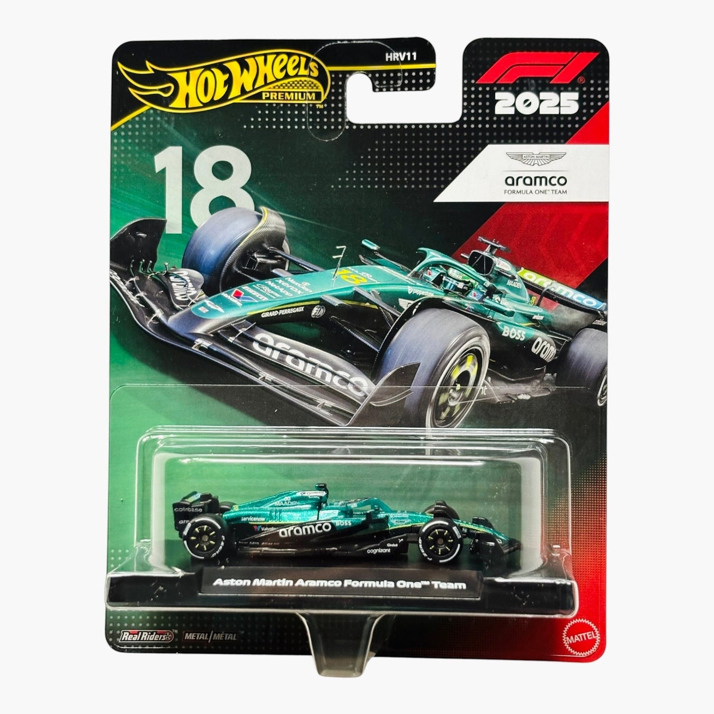 DiecastYard Hot Wheels Premium Formula 1 Aston Martin Aramco #18 diecast car in blister pack packaging