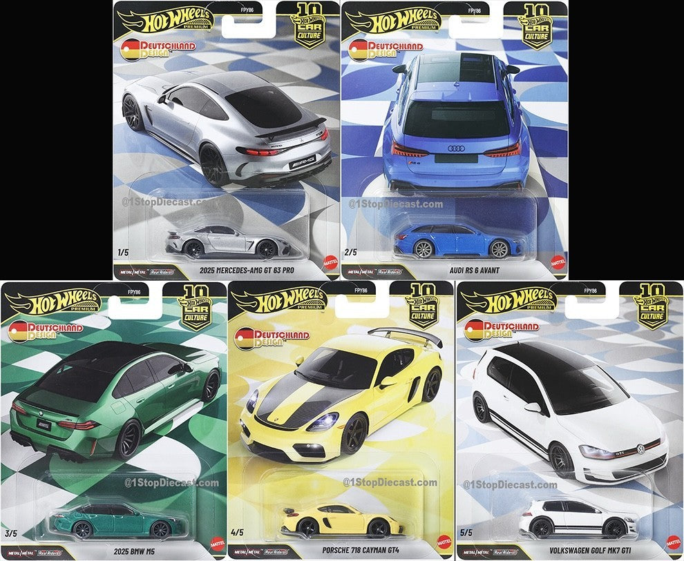 DiecastYard Hot Wheels Deutschland Design premium die-cast car collection featuring five German performance vehicles.