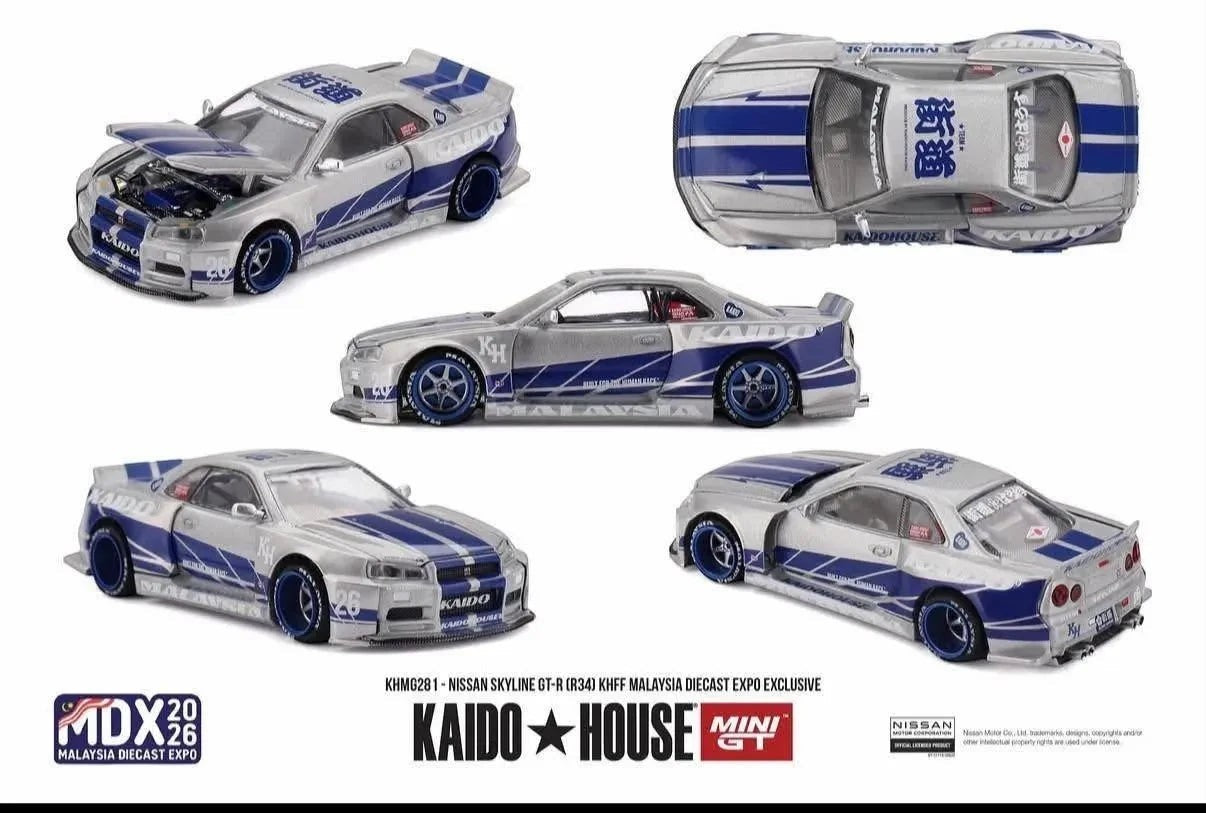 DiecastYard KAIDO HOUSE Nissan Skyline GT-R R34 diecast model in silver and blue with racing livery and opening hood.