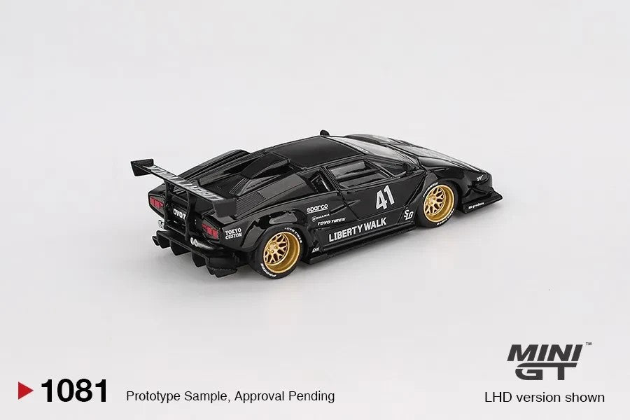 DiecastYard Mini GT Lamborghini Countach LB-WORKS diecast model car in black with gold wheels and racing decals