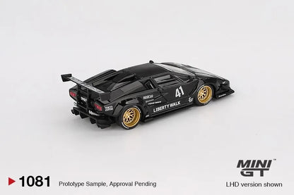 DiecastYard Mini GT Lamborghini Countach LB-WORKS diecast model car in black with gold wheels and racing decals