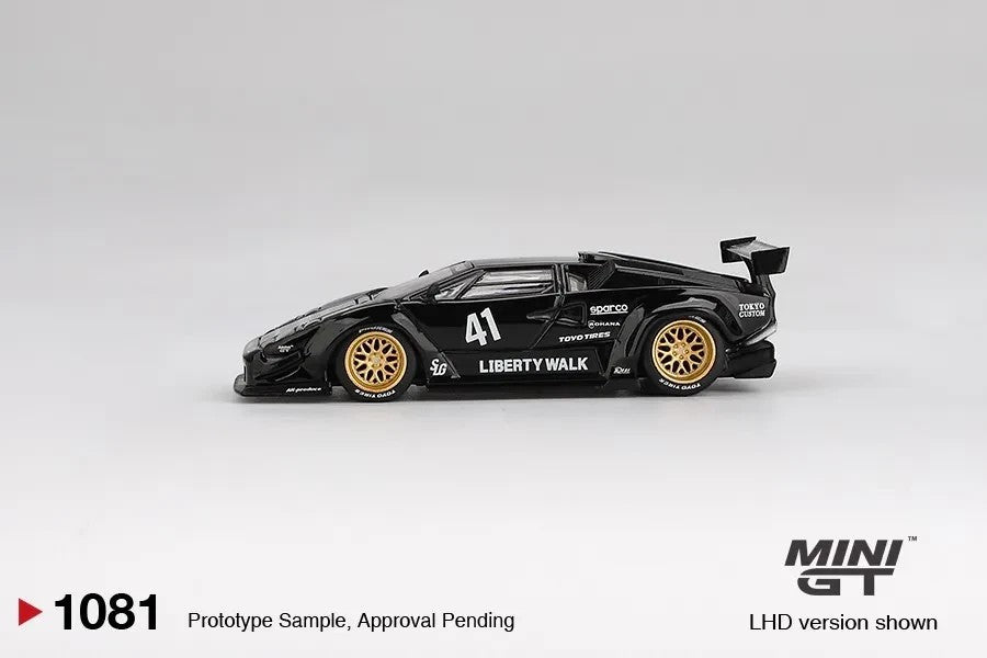 DiecastYard Mini GT Lamborghini Countach LB-WORKS diecast model car in black with gold rims and racing decals