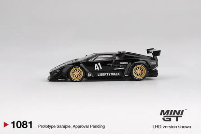 DiecastYard Mini GT Lamborghini Countach LB-WORKS diecast model car in black with gold rims and racing decals
