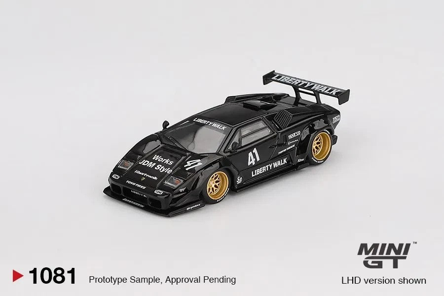 DiecastYard Mini GT Lamborghini Countach LB-WORKS diecast model car in black with gold wheels and racing decals