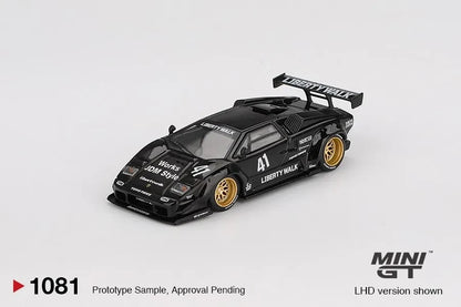 DiecastYard Mini GT Lamborghini Countach LB-WORKS diecast model car in black with gold wheels and racing decals