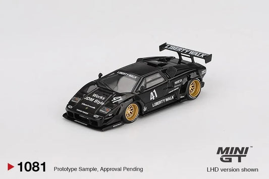 DiecastYard Mini GT Lamborghini Countach LB-WORKS diecast model car in black with gold wheels and racing decals