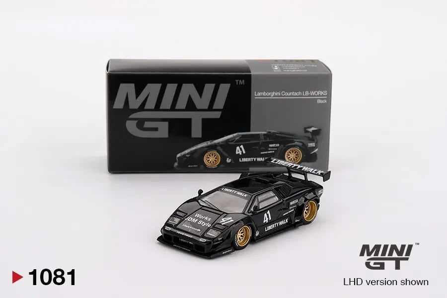 DiecastYard Mini GT Lamborghini Countach LB-WORKS diecast model in black with gold wheels and racing decals