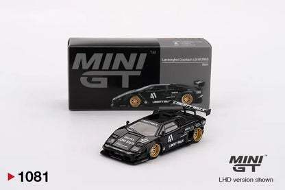 DiecastYard Mini GT Lamborghini Countach LB-WORKS diecast model in black with gold wheels and racing decals
