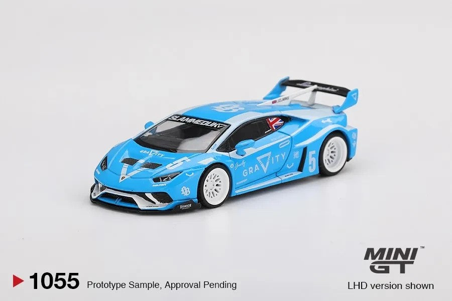 DiecastYard Mini GT LB Works Lamborghini Huracan GT Gravity #1055 diecast model car in light blue with white racing rims
