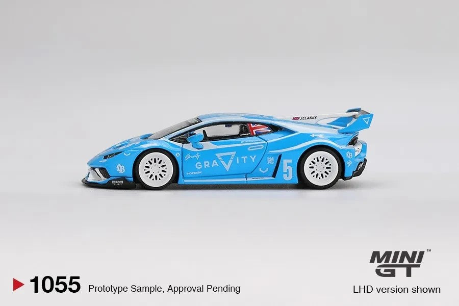 DiecastYard Mini GT LB Works Lamborghini Huracan GT Gravity diecast model car in light blue with white racing wheels