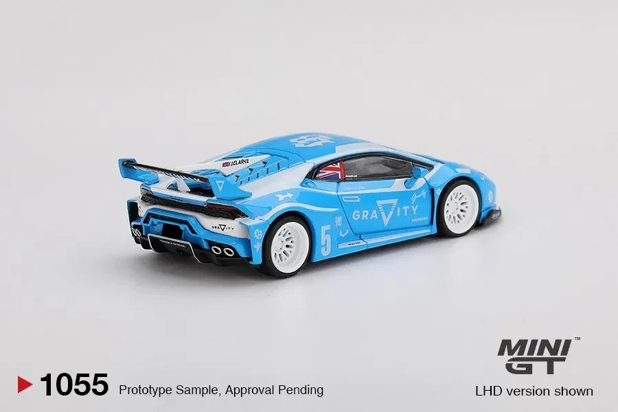 DiecastYard Mini GT LB Works Lamborghini Huracan GT Gravity #1055 diecast model car in light blue with white wheels