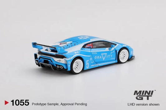 DiecastYard Mini GT LB Works Lamborghini Huracan GT Gravity #1055 diecast model car in light blue with white wheels