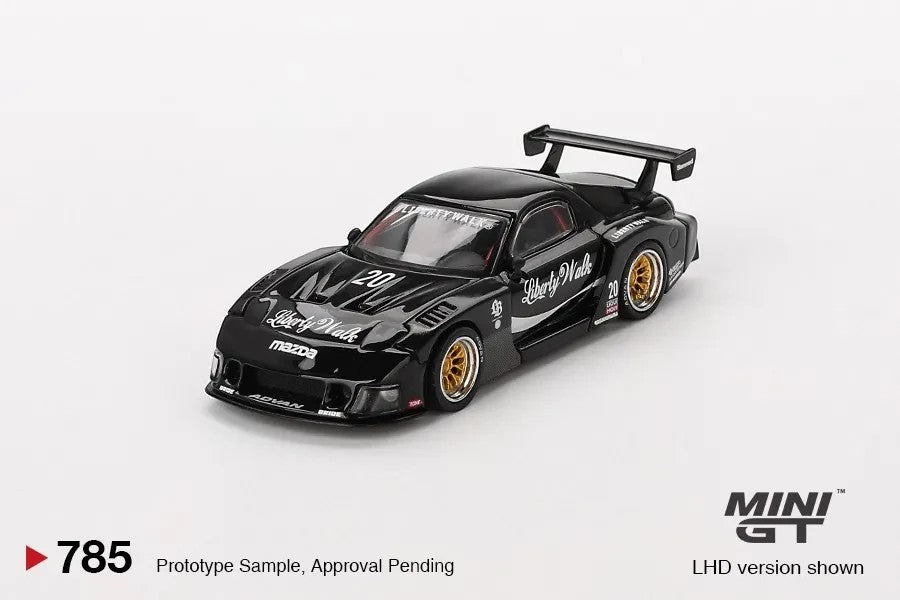 DiecastYard Mini GT Mazda RX-7 LB-Super Silhouette diecast car in black with gold wheels and Liberty Walk branding