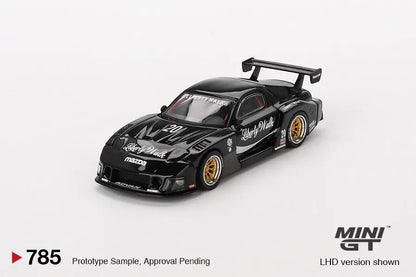 DiecastYard Mini GT Mazda RX-7 LB-Super Silhouette diecast car in black with gold wheels and Liberty Walk branding