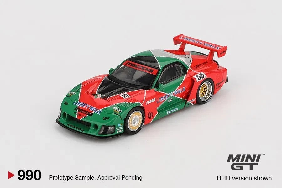 DiecastYard Mini GT Mazda RX-7 LB Super Silhouette 787B diecast model car in red and green racing livery