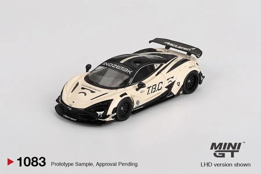 DiecastYard Mini GT McLaren 720S LB-Works diecast model car in cream and black with The Boring Concept racing livery.
