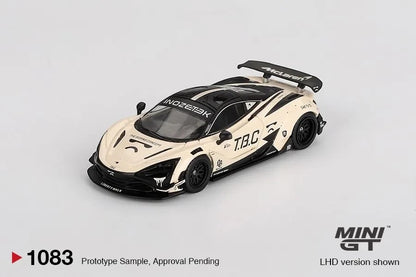 DiecastYard Mini GT McLaren 720S LB-Works diecast model car in cream and black with The Boring Concept racing livery.