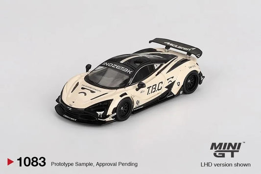 DiecastYard Mini GT McLaren 720S LB-Works diecast model car in cream and black with The Boring Concept racing livery.