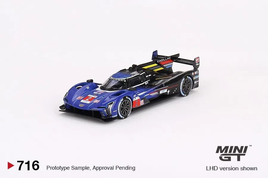 DiecastYard Mini GT Cadillac V Series R #2 race car in blue and black, 2023 Le Mans 3rd place diecast model