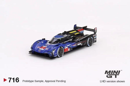 DiecastYard Mini GT Cadillac V-Series.R #2 Le Mans 2023 race car diecast model in blue and black livery.