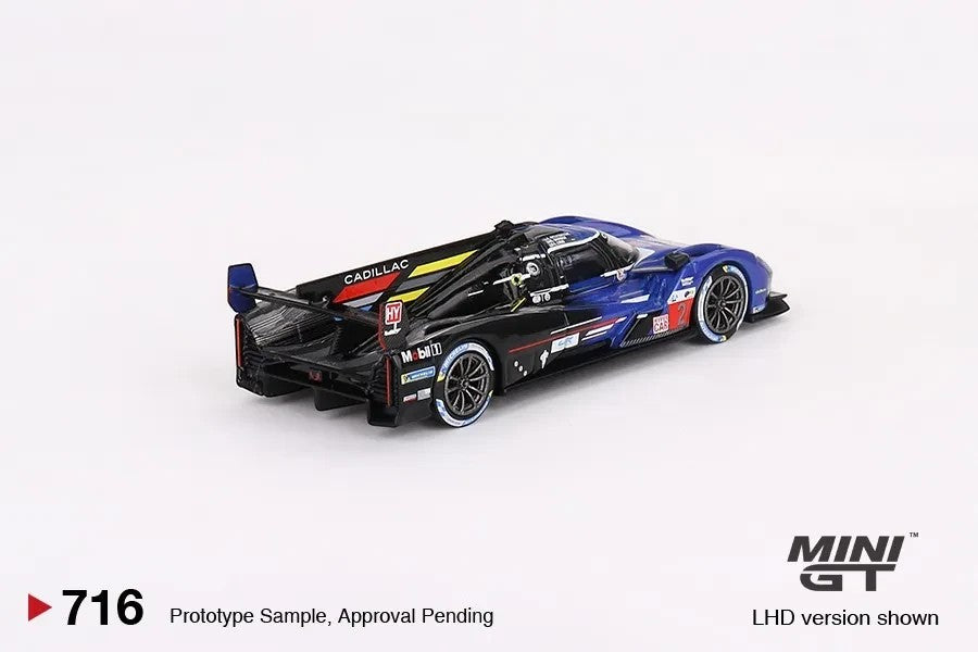 DiecastYard Mini GT Cadillac V-Series.R race car in blue and black, 2023 Le Mans 24hrs 3rd place model.