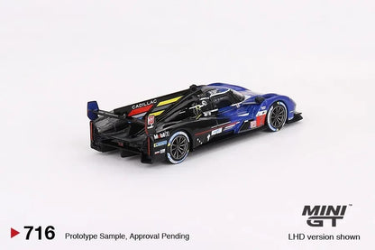 DiecastYard Mini GT Cadillac V-Series.R race car in blue and black, 2023 Le Mans 24hrs 3rd place model.