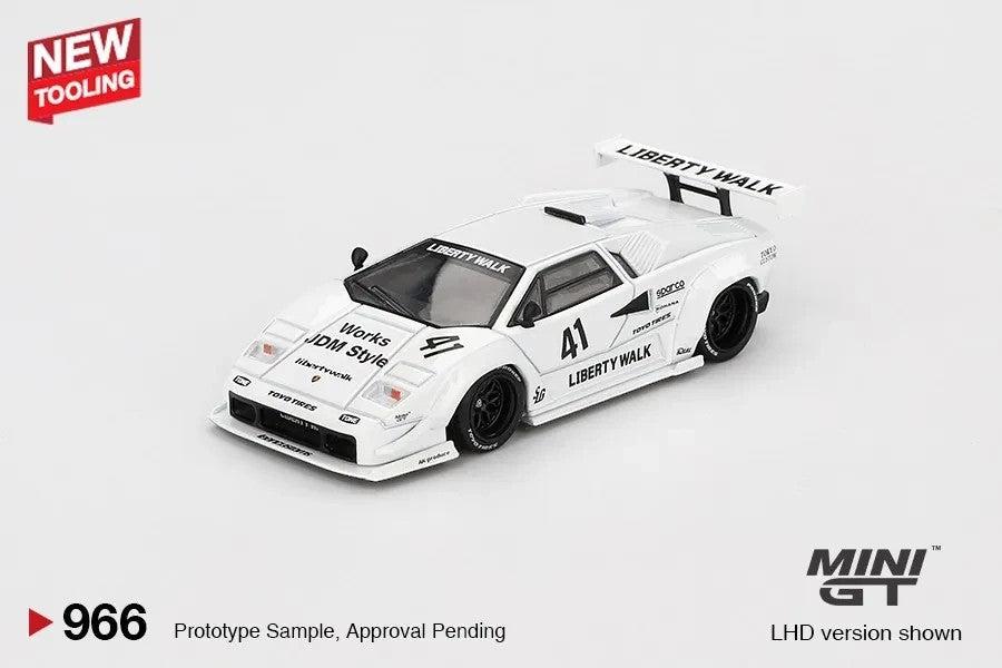 DiecastYard Mini GT Lamborghini Countach LB-Works 2024 Tokyo Auto Salon white diecast model car with racing decals