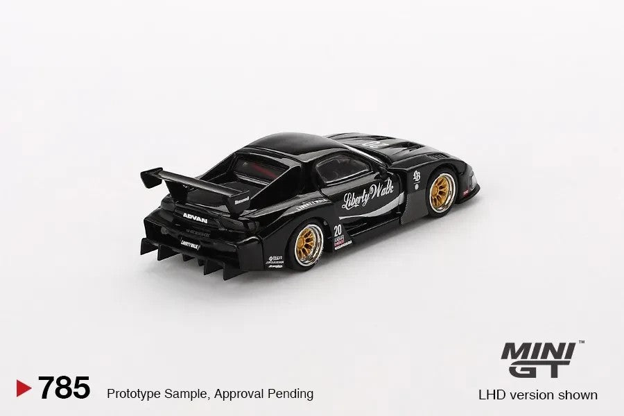 DiecastYard Mini GT Mazda RX-7 LB-Super Silhouette diecast model car in black with gold wheels and racing decals