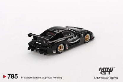 DiecastYard Mini GT Mazda RX-7 LB-Super Silhouette diecast model car in black with gold wheels and racing decals