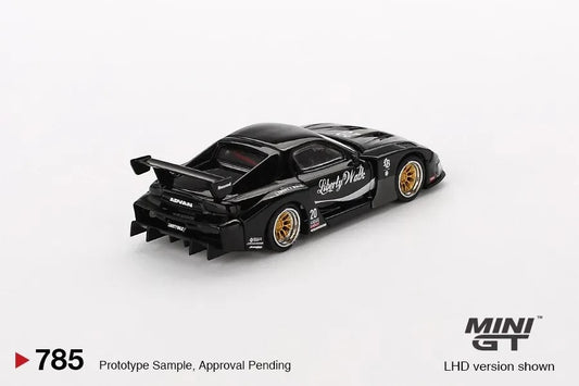 DiecastYard Mini GT Mazda RX-7 LB-Super Silhouette diecast model car in black with gold wheels and racing decals