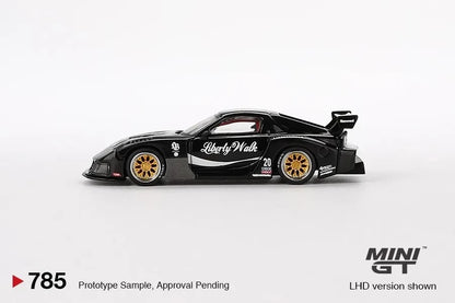 DiecastYard Mini GT Mazda RX-7 LB-Super Silhouette diecast model car in black with gold wheels and racing decals