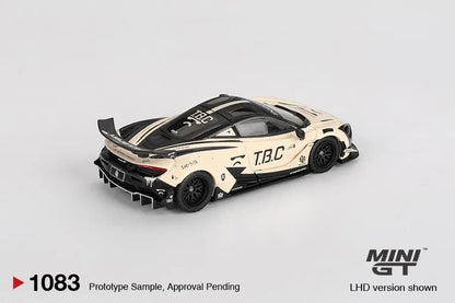 DiecastYard Mini GT McLaren 720S LB-Works The Boring Concept diecast car in cream and black with custom racing decals