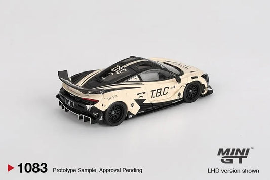 DiecastYard Mini GT McLaren 720S LB-Works The Boring Concept diecast car in cream and black with custom racing decals