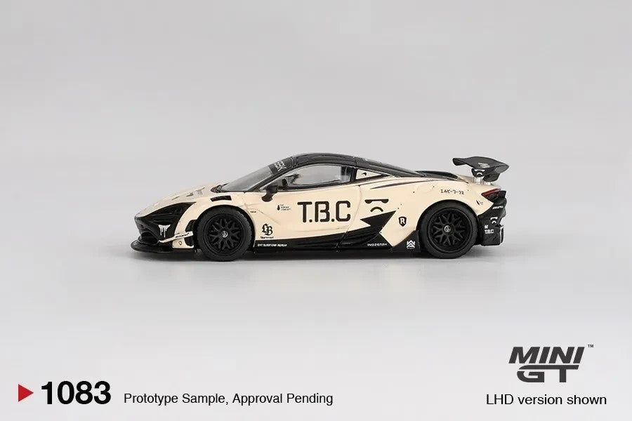 DiecastYard Mini GT McLaren 720S LB-Works diecast model car in cream and black with T.B.C livery, side profile view.
