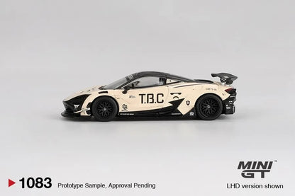 DiecastYard Mini GT McLaren 720S LB-Works diecast model car in cream and black with T.B.C livery, side profile view.